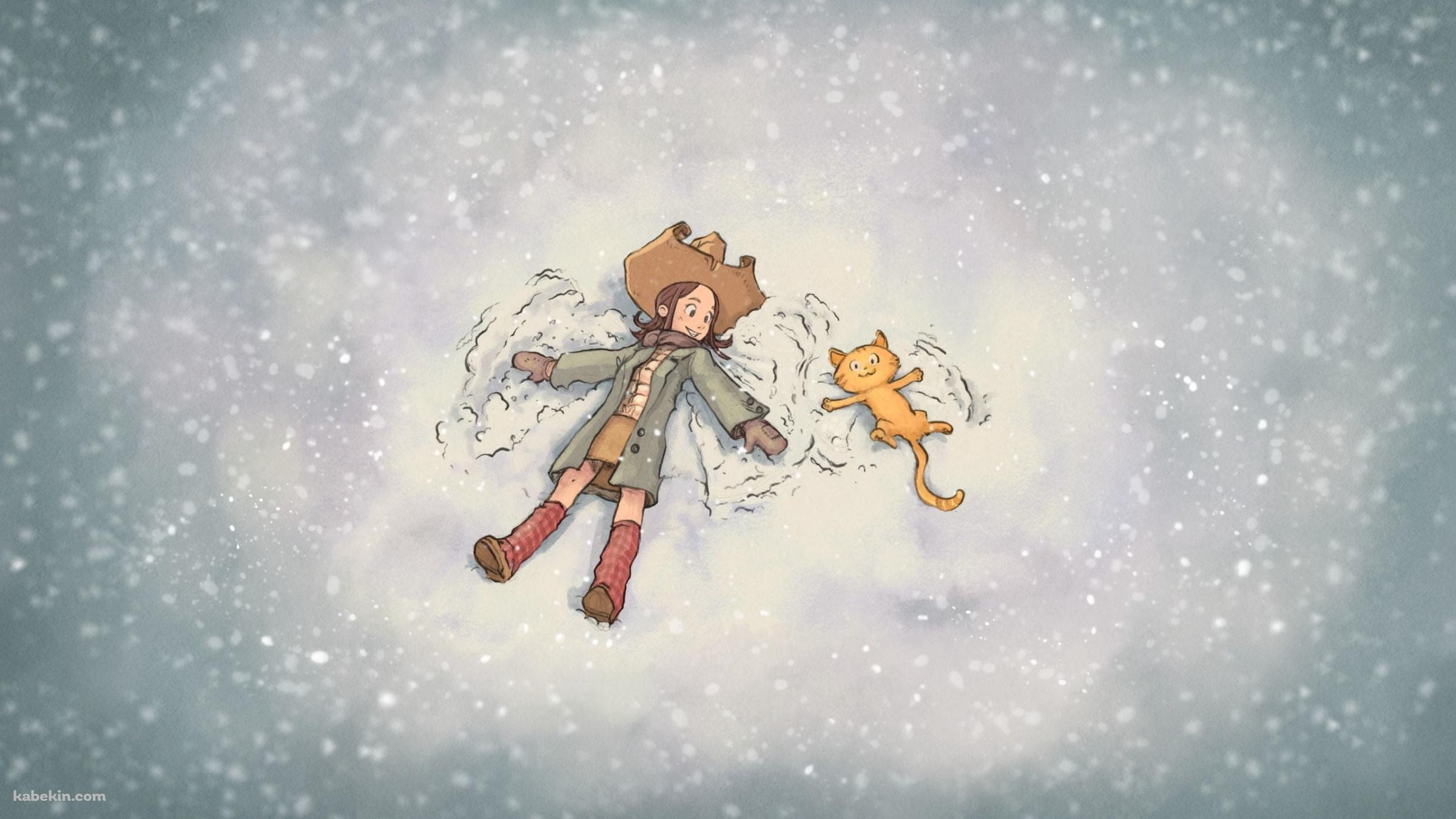 雪の中 / 女の子と猫 / 友達の壁紙(2400px x 1350px) 高画質 PC・デスクトップ用