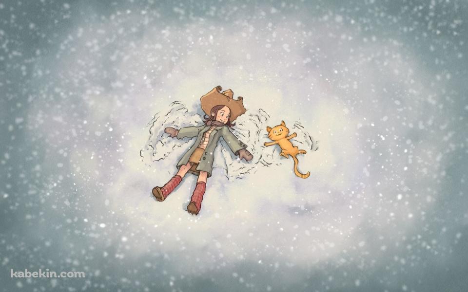 雪の中 / 女の子と猫 / 友達の壁紙(960px x 600px) 高画質 PC・デスクトップ用