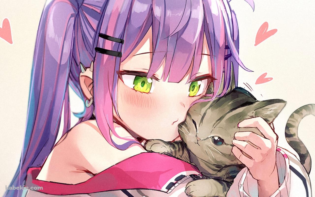 猫をナデナデする常闇トワ / バーチャルYouTuber / ホロライブの壁紙(1280px x 800px) 高画質 PC・デスクトップ用