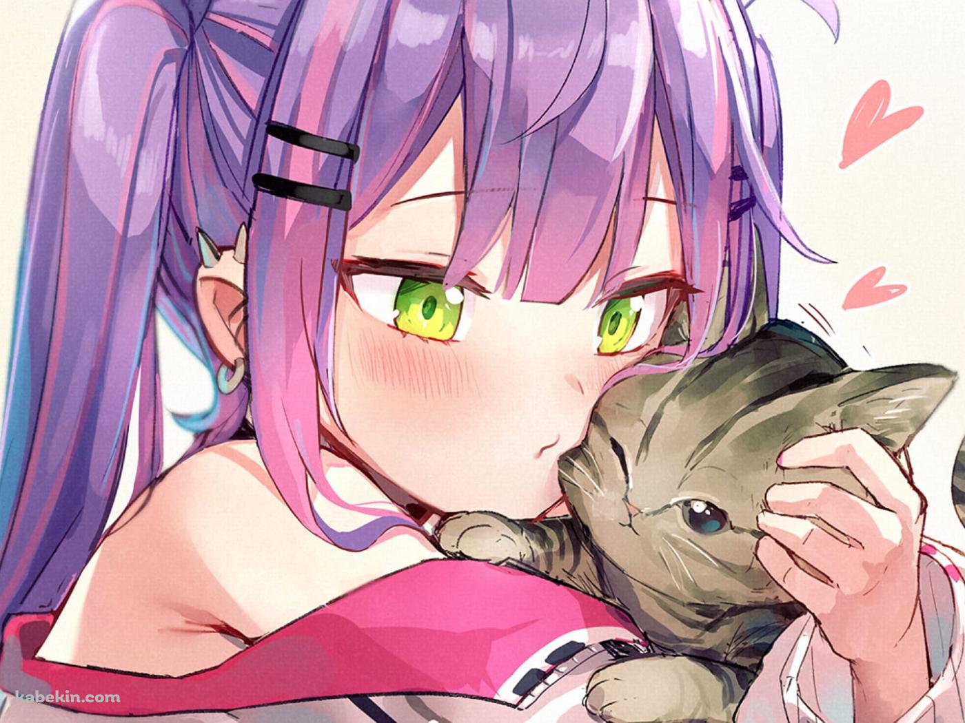 猫をナデナデする常闇トワ / バーチャルYouTuber / ホロライブの壁紙(1400px x 1050px) 高画質 PC・デスクトップ用