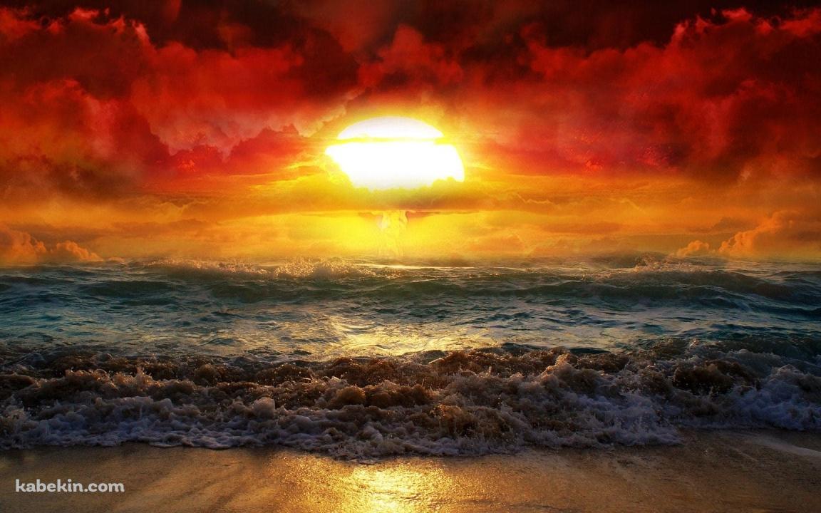 赤い夕陽と荒れた海の壁紙(1152px x 720px) 高画質 PC・デスクトップ用