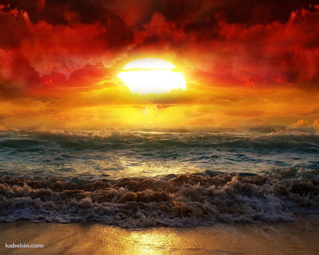 赤い夕陽と荒れた海の壁紙(1280px x 1024px) 高画質 PC・デスクトップ用