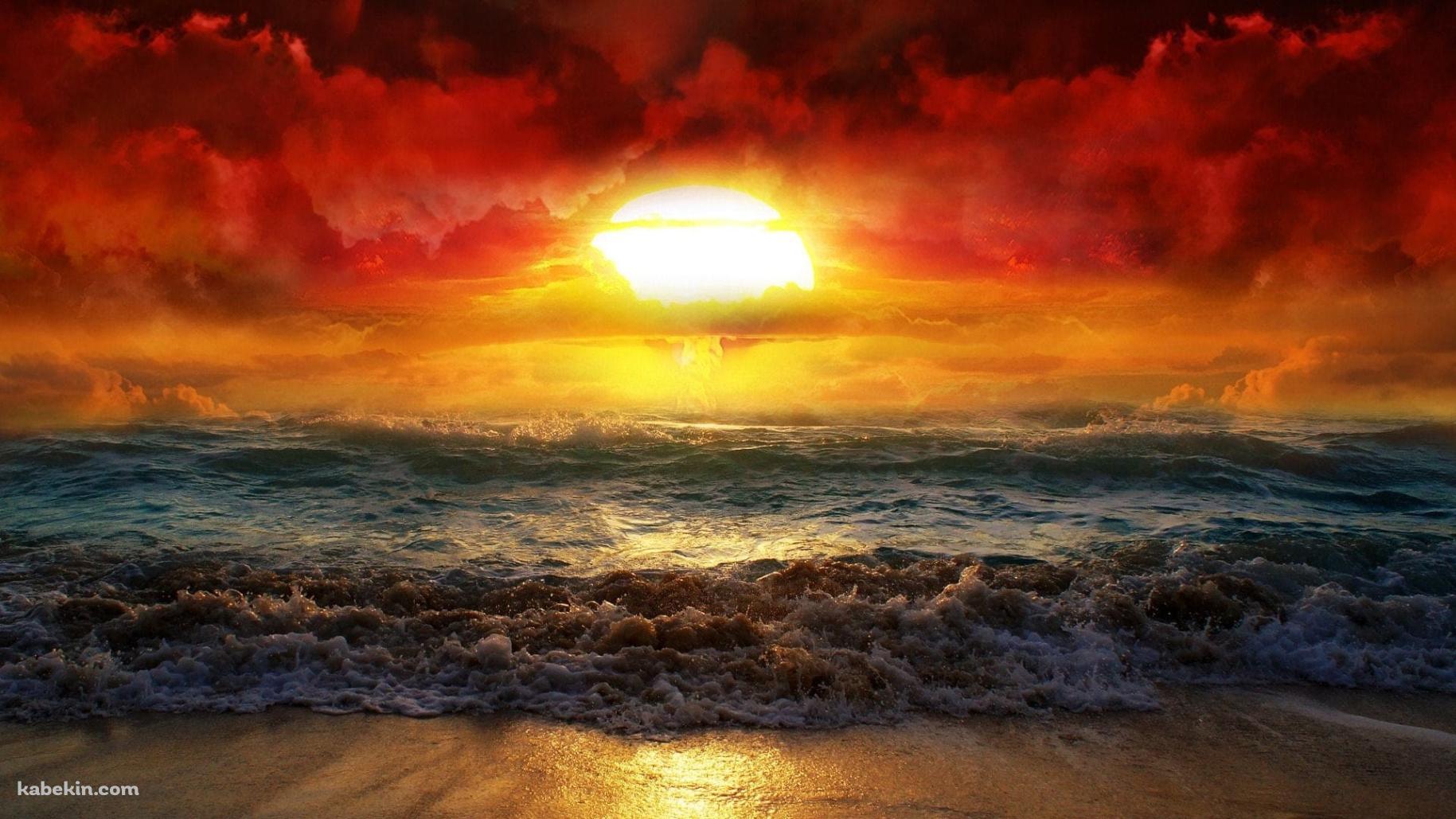 赤い夕陽と荒れた海の壁紙(1829px x 1029px) 高画質 PC・デスクトップ用