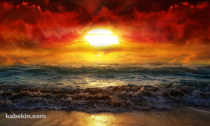 赤い夕陽と荒れた海の壁紙(800px x 480px) 高画質 PC・デスクトップ用