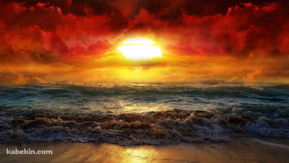 赤い夕陽と荒れた海の壁紙(960px x 540px) 高画質 PC・デスクトップ用