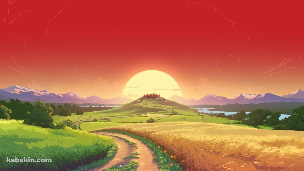 綺麗な夕陽 あぜ道 轍 田舎の壁紙(1024px x 576px) 高画質 PC・デスクトップ用