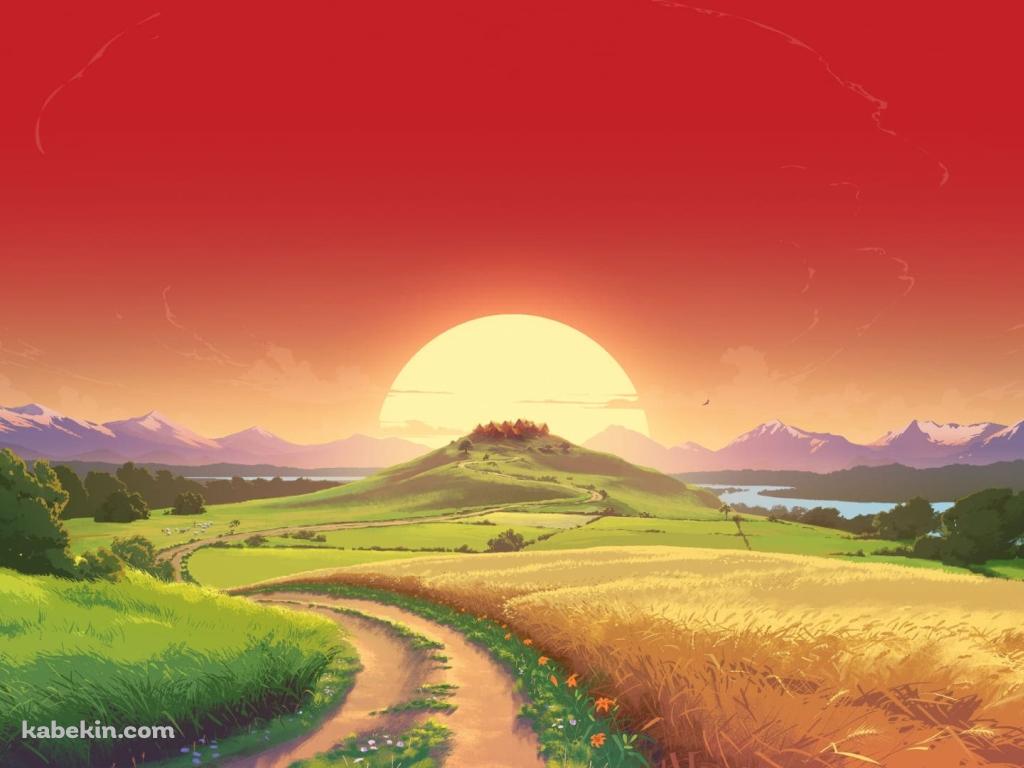 綺麗な夕陽 あぜ道 轍 田舎の壁紙(1024px x 768px) 高画質 PC・デスクトップ用