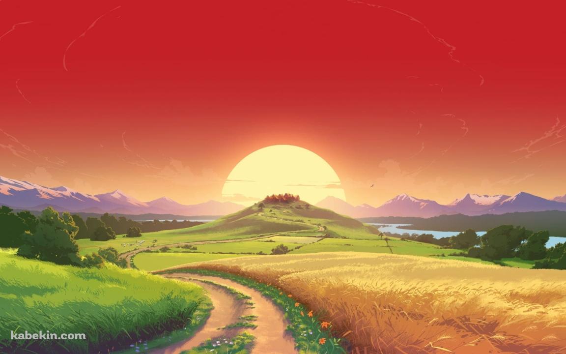 綺麗な夕陽 あぜ道 轍 田舎の壁紙(1152px x 720px) 高画質 PC・デスクトップ用