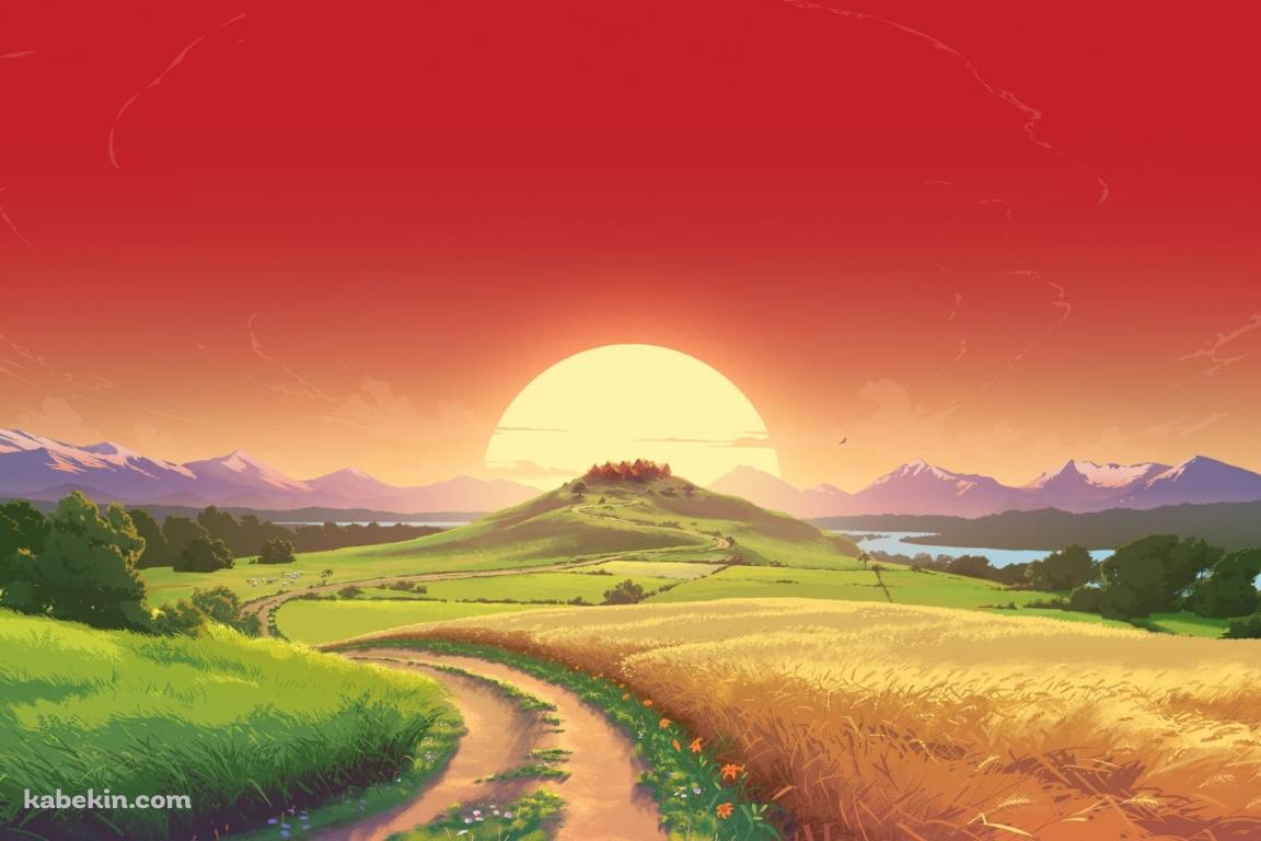 綺麗な夕陽 あぜ道 轍 田舎の壁紙(1152px x 768px) 高画質 PC・デスクトップ用
