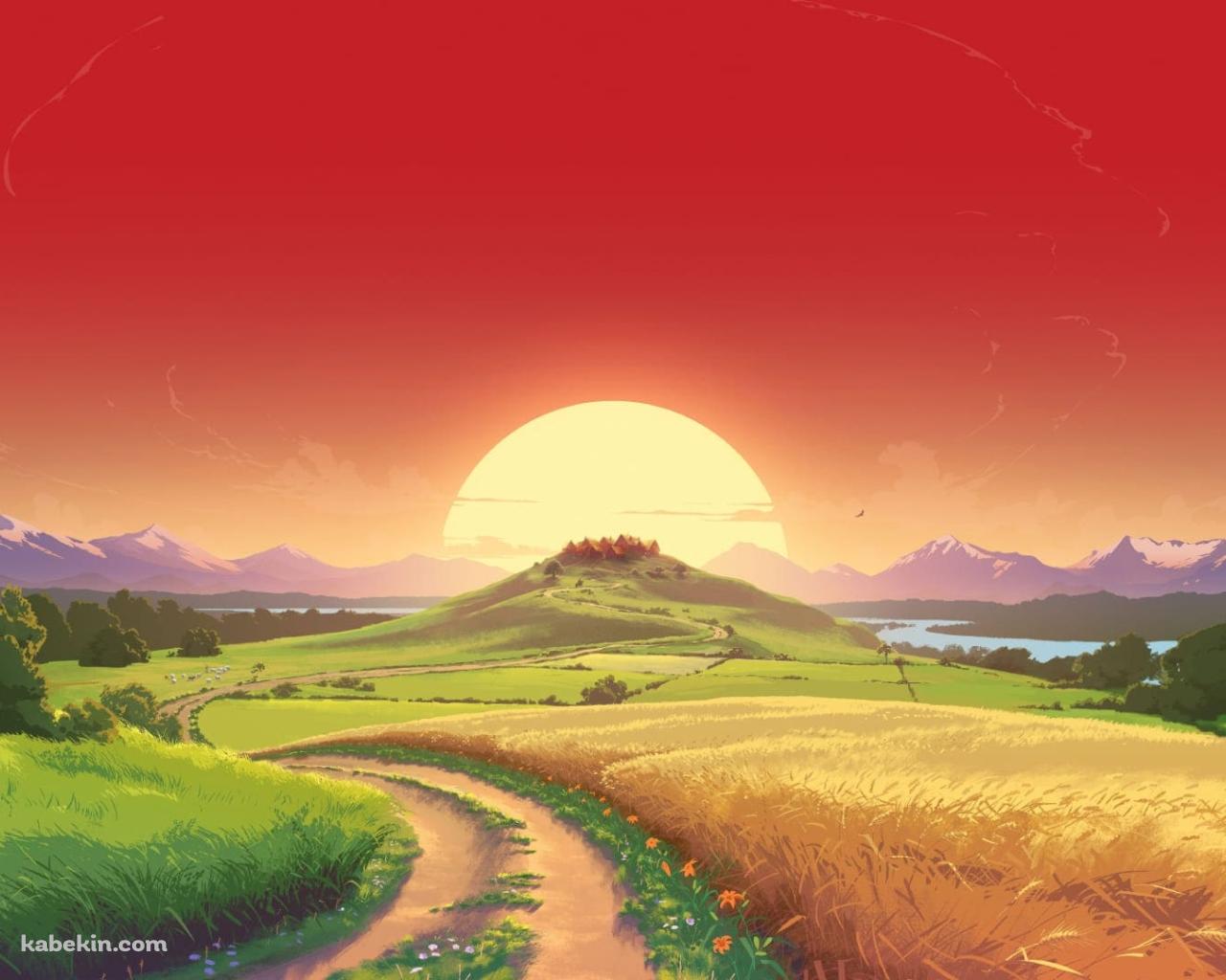 綺麗な夕陽 あぜ道 轍 田舎の壁紙(1280px x 1024px) 高画質 PC・デスクトップ用