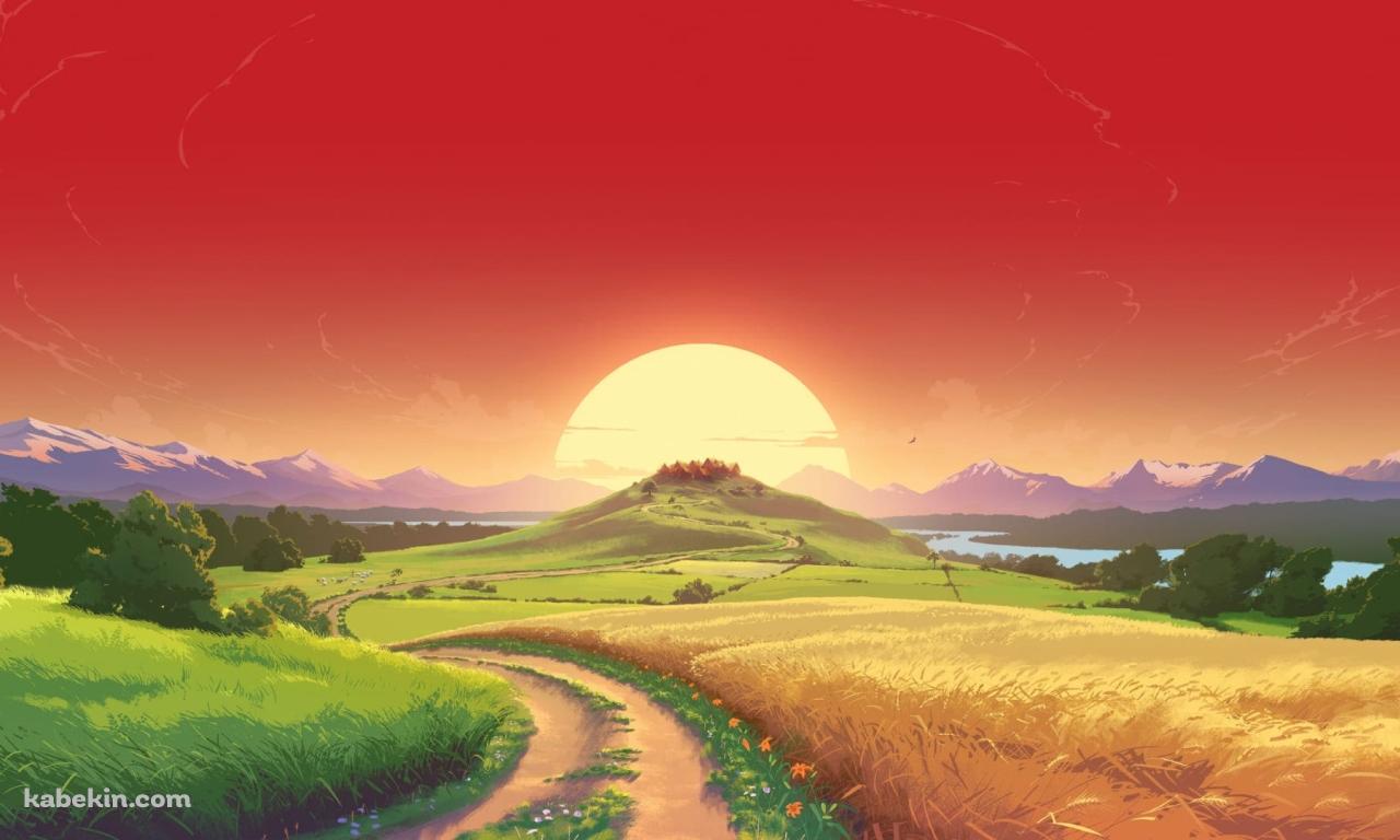 綺麗な夕陽 あぜ道 轍 田舎の壁紙(1280px x 768px) 高画質 PC・デスクトップ用