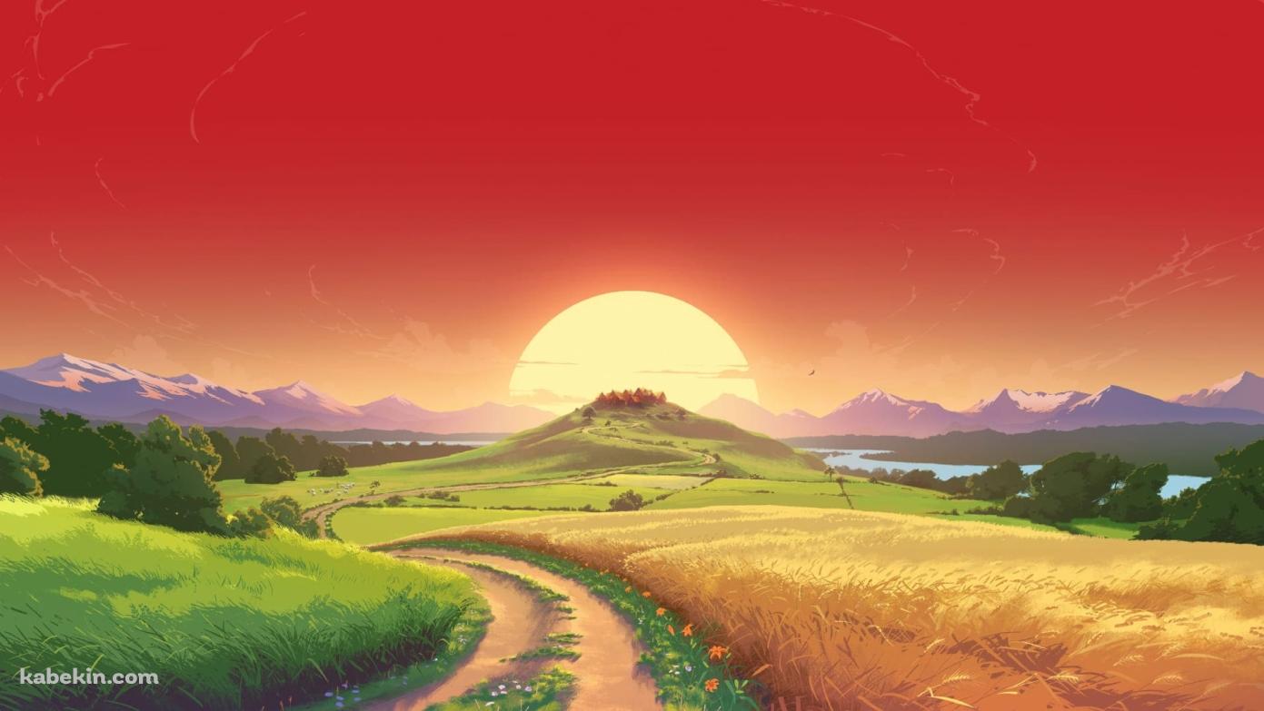 綺麗な夕陽 あぜ道 轍 田舎の壁紙(1391px x 783px) 高画質 PC・デスクトップ用