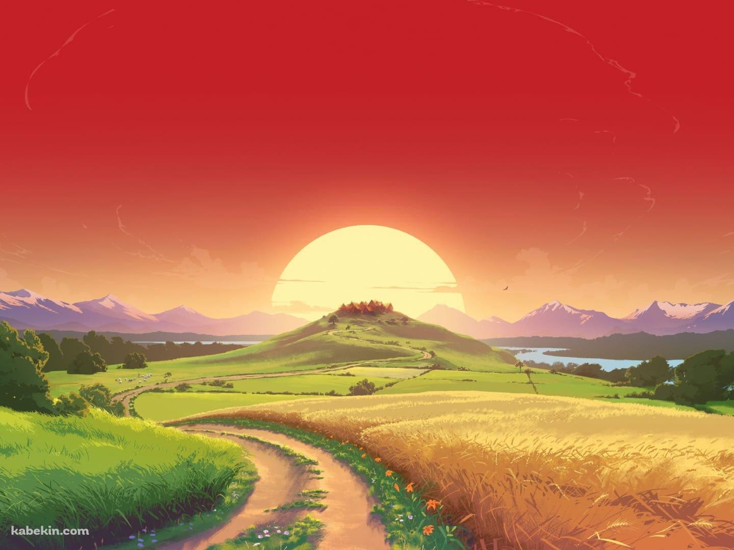 綺麗な夕陽 あぜ道 轍 田舎の壁紙(1440px x 1080px) 高画質 PC・デスクトップ用