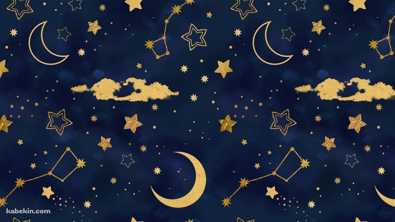 かわいい宇宙のイラスト / 星 / 三日月 / 雲 / 星座の壁紙(1366px x 768px) 高画質 PC・デスクトップ用
