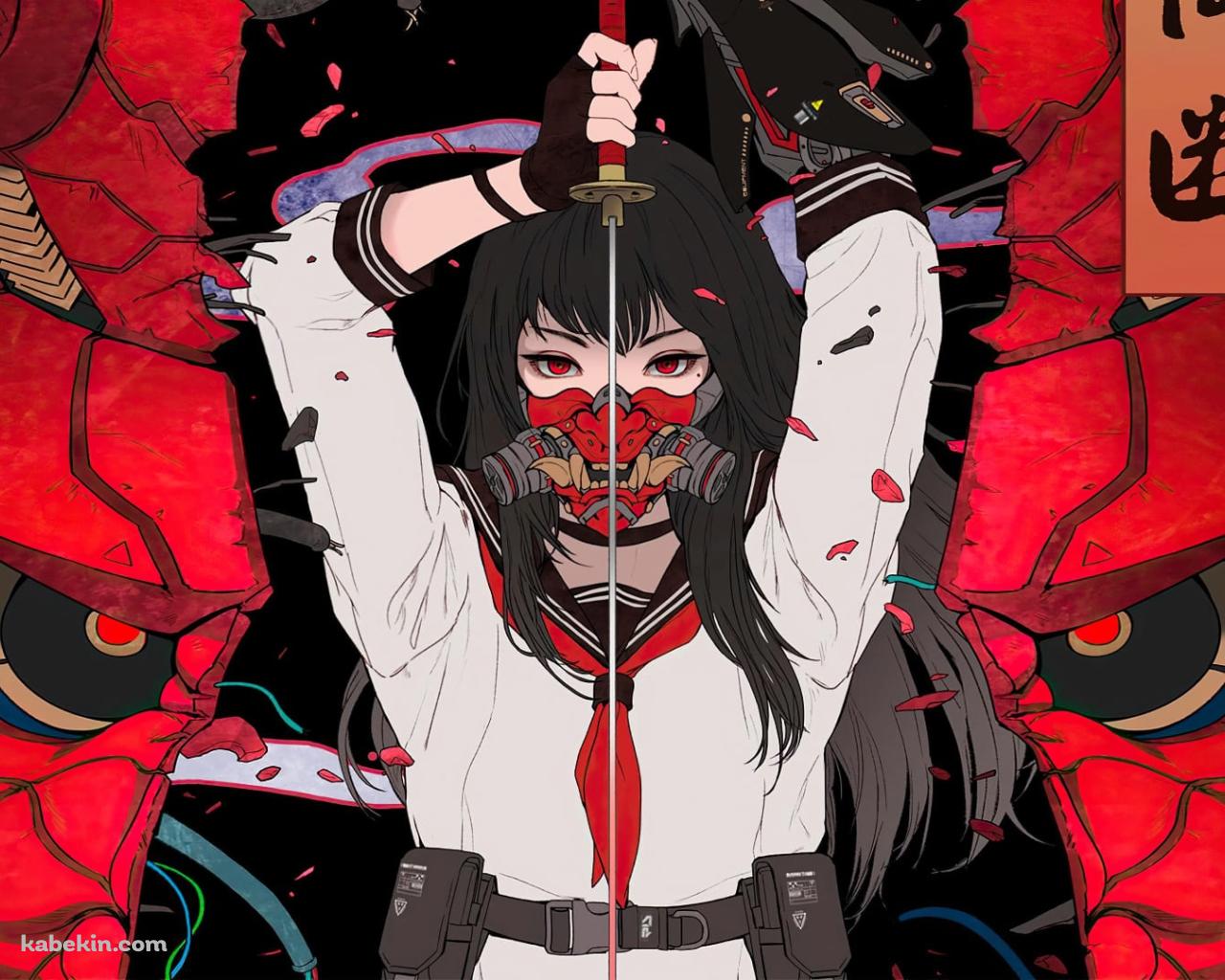 侍 / 両断 / 鬼 / 女子高生 / JK / かっこいい / 瞳が赤い少女の壁紙(1280px x 1024px) 高画質 PC・デスクトップ用