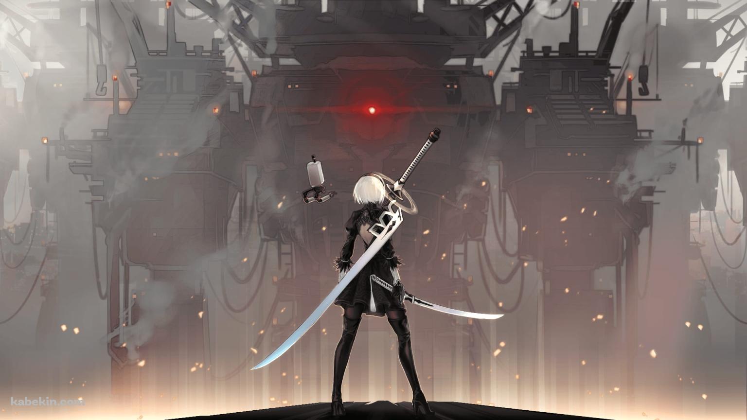 敵と対峙する2B / ニーア オートマタの壁紙(1536px x 864px) 高画質 PC・デスクトップ用