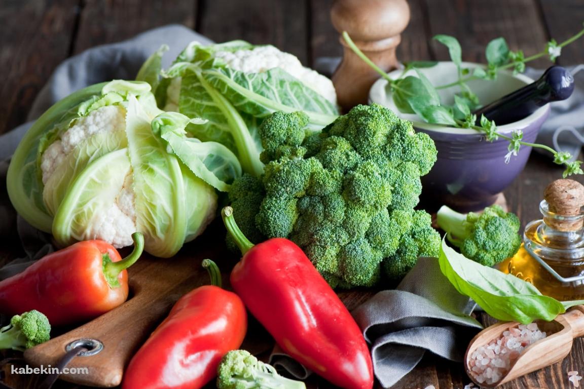 キャベツ / ブロッコリー / 甘長ピーマン / 胡椒 / ハチミツ / すり鉢の壁紙(1152px x 768px) 高画質 PC・デスクトップ用