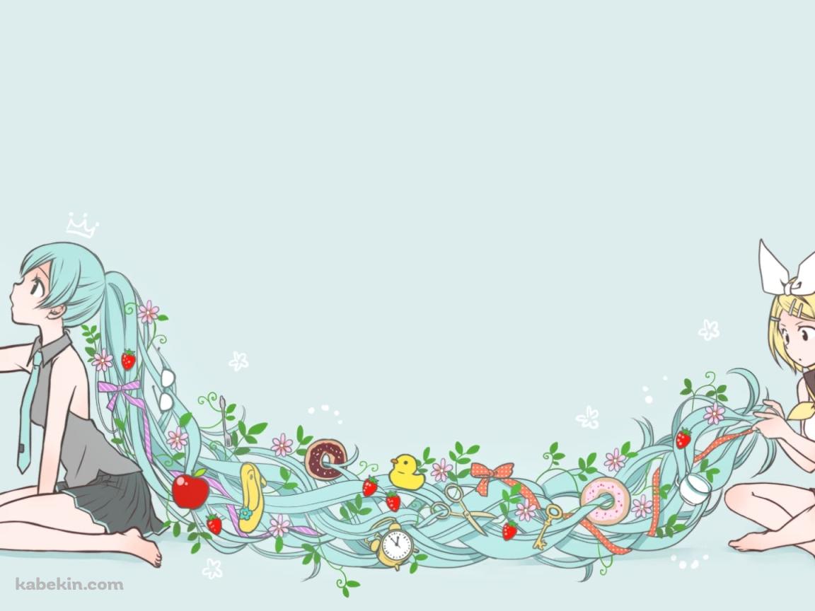 初音ミクの髪で遊ぶ鏡音リン / ボーカロイドの壁紙(1152px x 864px) 高画質 PC・デスクトップ用