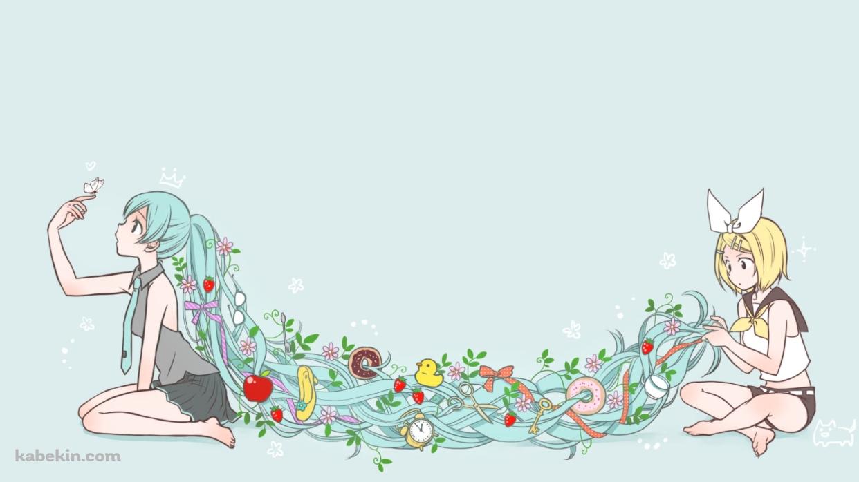 初音ミクの髪で遊ぶ鏡音リン / ボーカロイドの壁紙(1242px x 698px) 高画質 PC・デスクトップ用