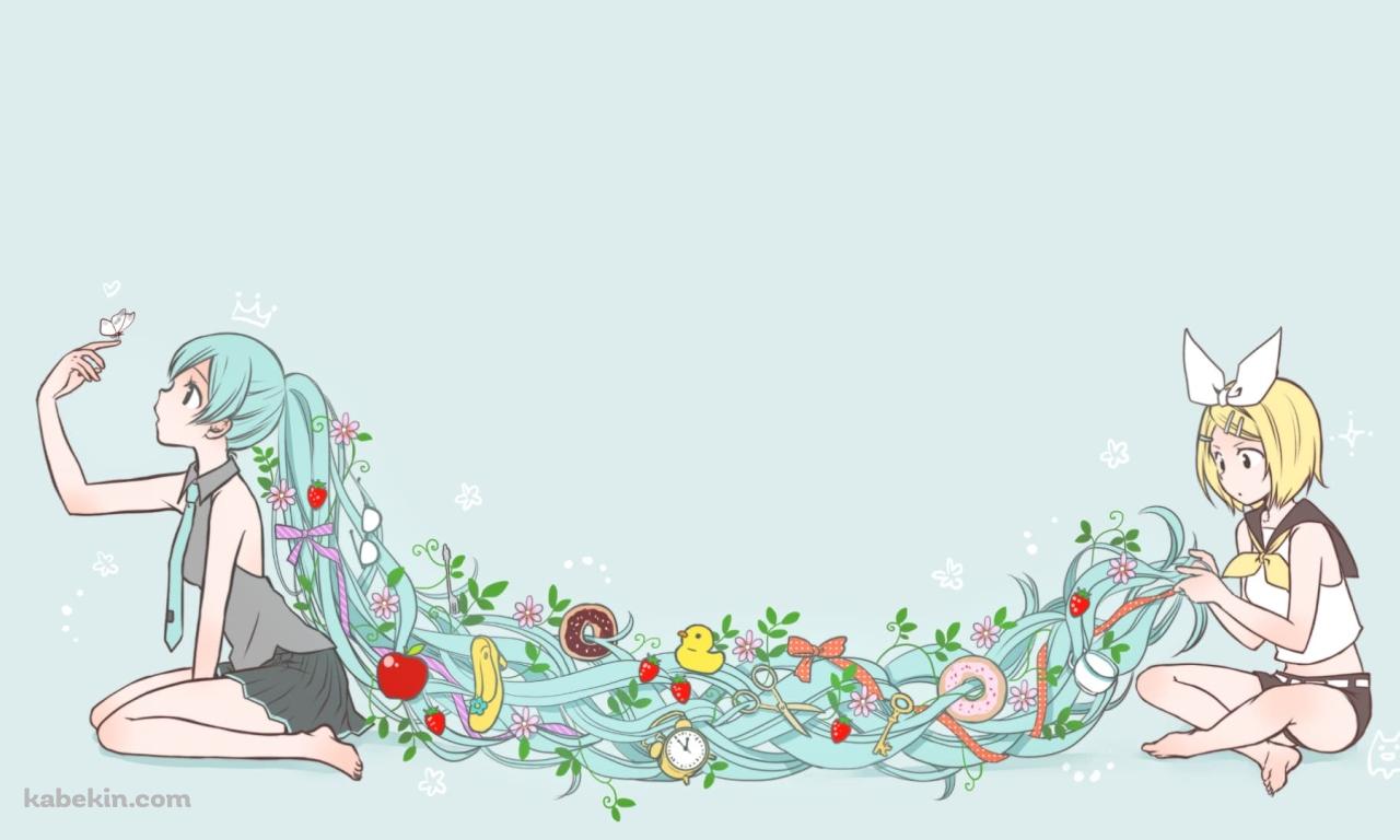初音ミクの髪で遊ぶ鏡音リン / ボーカロイドの壁紙(1280px x 768px) 高画質 PC・デスクトップ用