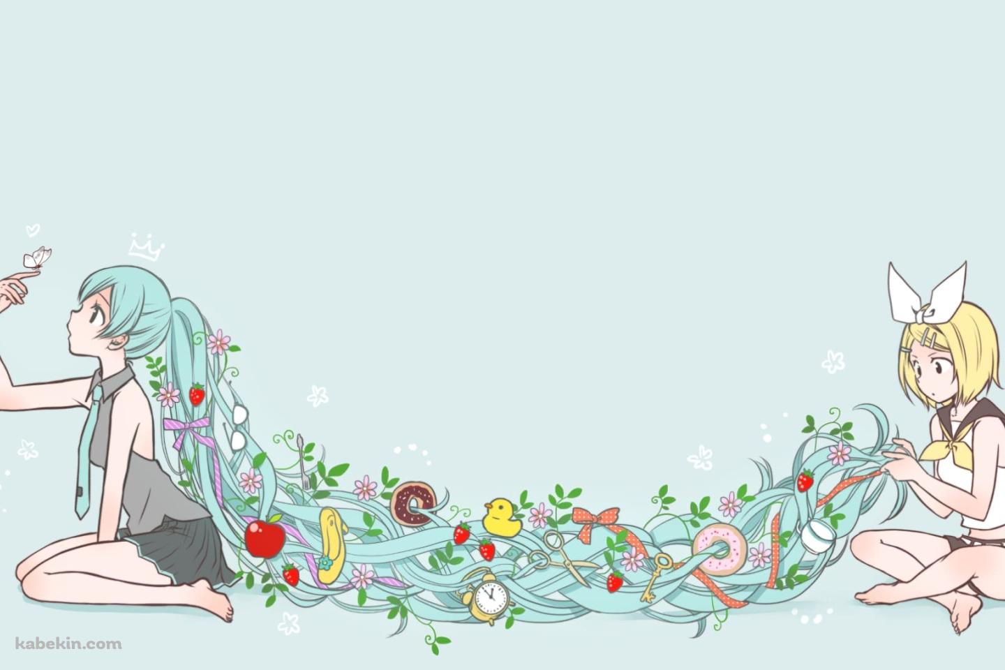 初音ミクの髪で遊ぶ鏡音リン / ボーカロイドの壁紙(1440px x 960px) 高画質 PC・デスクトップ用