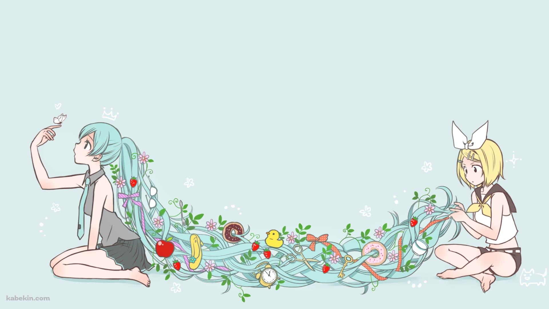 初音ミクの髪で遊ぶ鏡音リン / ボーカロイドの壁紙(1920px x 1080px) 高画質 PC・デスクトップ用