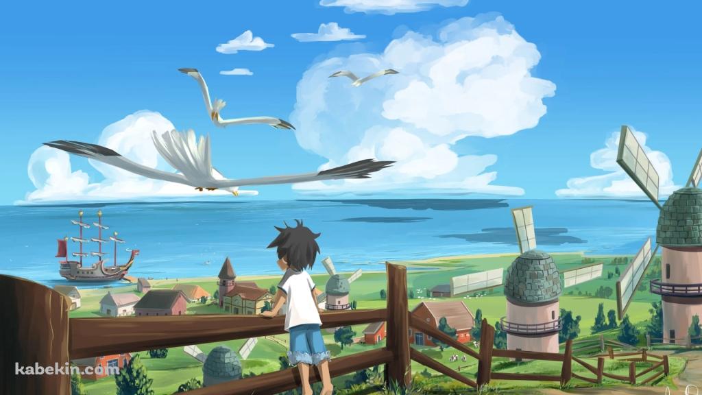 ONE PIECE / ルフィ / 幼少期 / フーシャ村 / カモメの壁紙(1024px x 576px) 高画質 PC・デスクトップ用