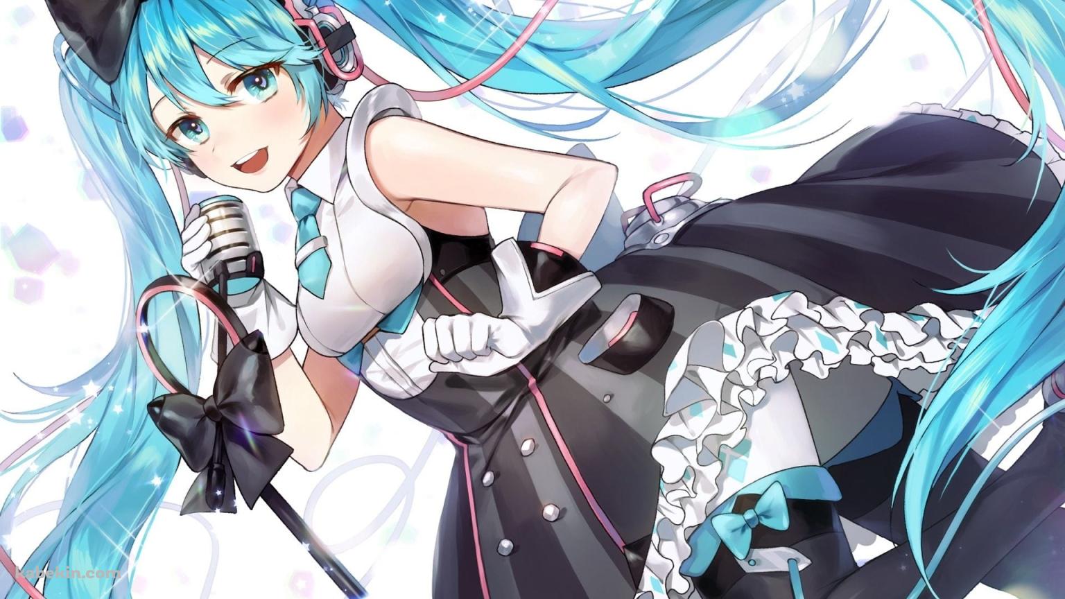 マイクスタンドを持って歌う初音ミクの壁紙(1536px x 864px) 高画質 PC・デスクトップ用