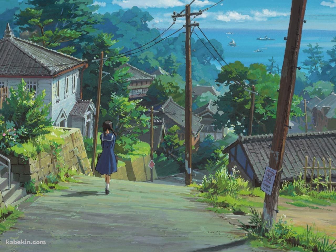 急勾配の街並み / 女子高生 / 木の電柱の壁紙(1280px x 960px) 高画質 PC・デスクトップ用