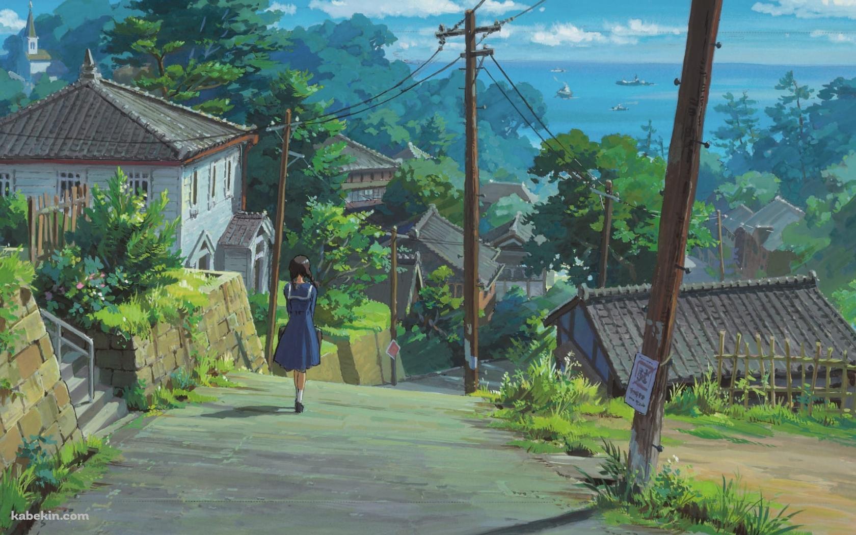 急勾配の街並み / 女子高生 / 木の電柱の壁紙(1680px x 1050px) 高画質 PC・デスクトップ用