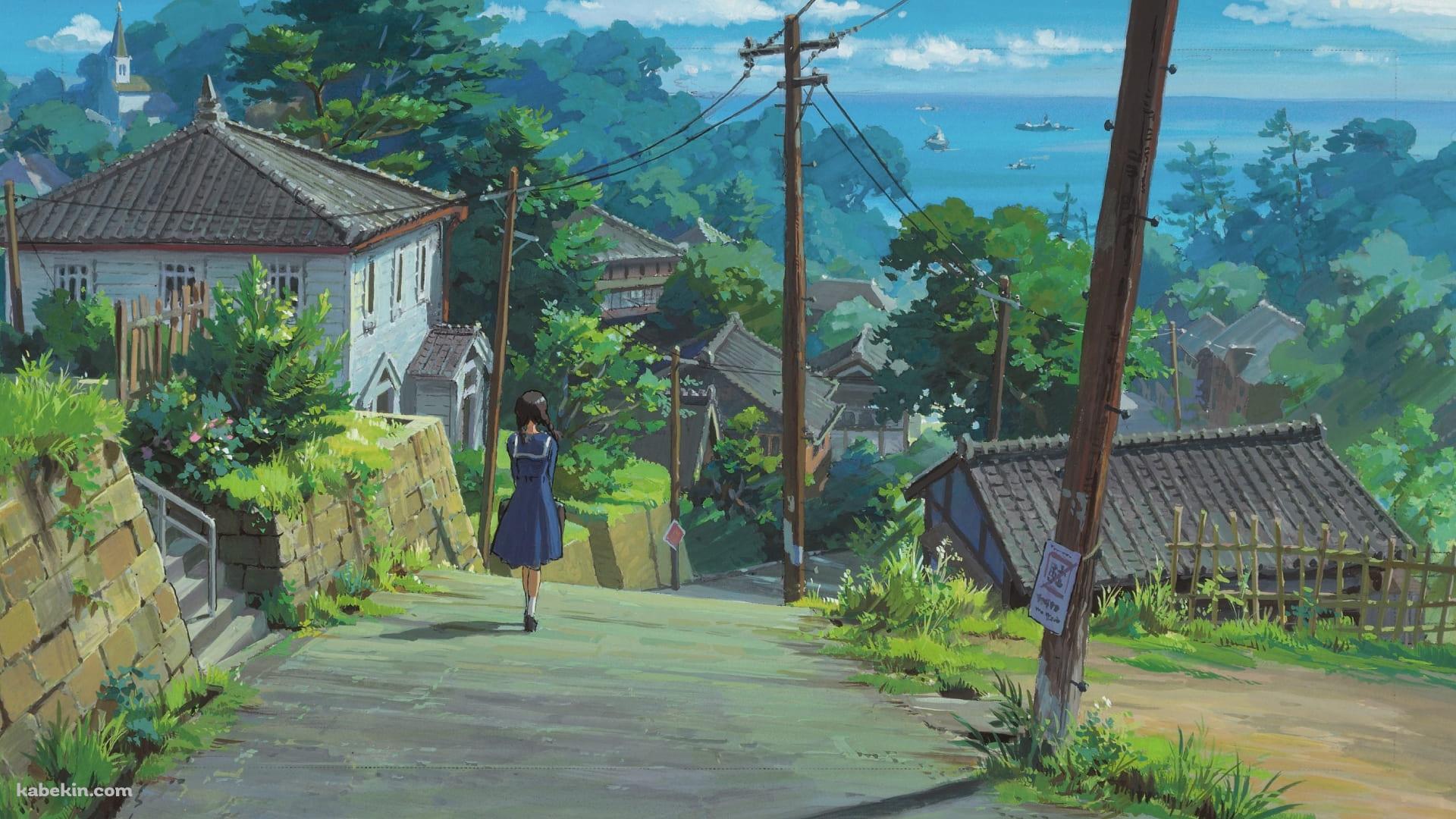 急勾配の街並み / 女子高生 / 木の電柱の壁紙(1920px x 1080px) 高画質 PC・デスクトップ用