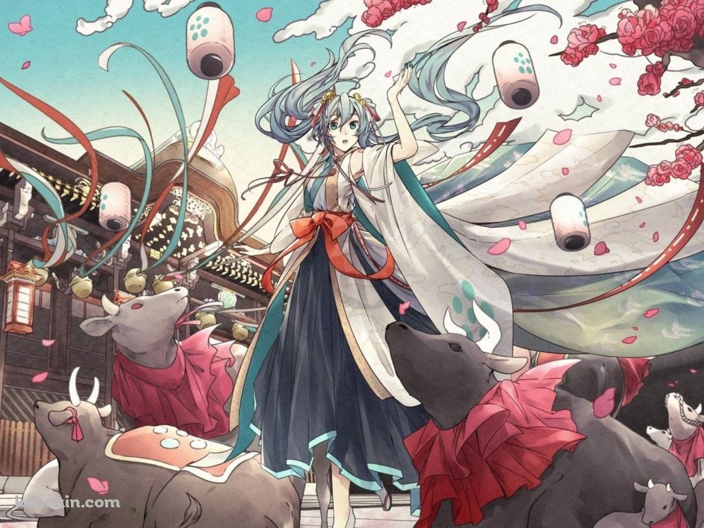 初音ミクと牛 / 新年 / 正月の壁紙(1024px x 768px) 高画質 PC・デスクトップ用