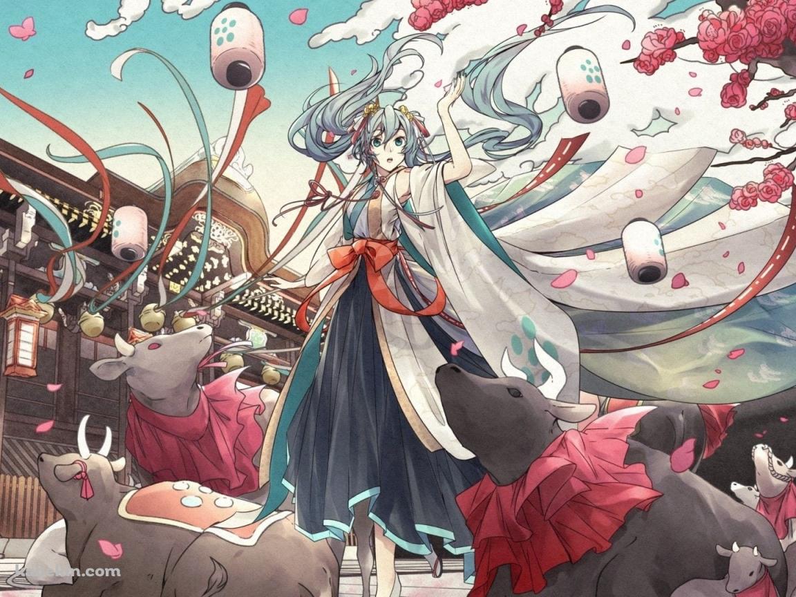 初音ミクと牛 / 新年 / 正月の壁紙(1152px x 864px) 高画質 PC・デスクトップ用