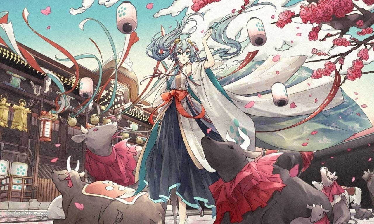 初音ミクと牛 / 新年 / 正月の壁紙(1280px x 768px) 高画質 PC・デスクトップ用