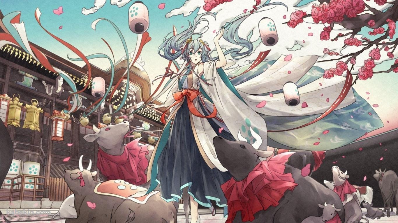 初音ミクと牛 / 新年 / 正月の壁紙(1366px x 768px) 高画質 PC・デスクトップ用