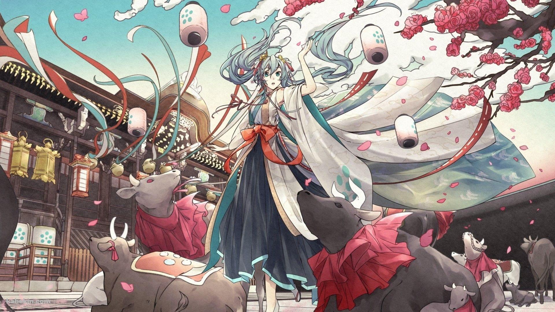 初音ミクと牛 / 新年 / 正月の壁紙(1920px x 1080px) 高画質 PC・デスクトップ用