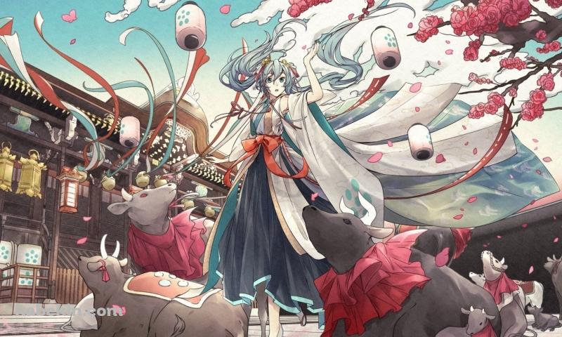 初音ミクと牛 / 新年 / 正月の壁紙(800px x 480px) 高画質 PC・デスクトップ用