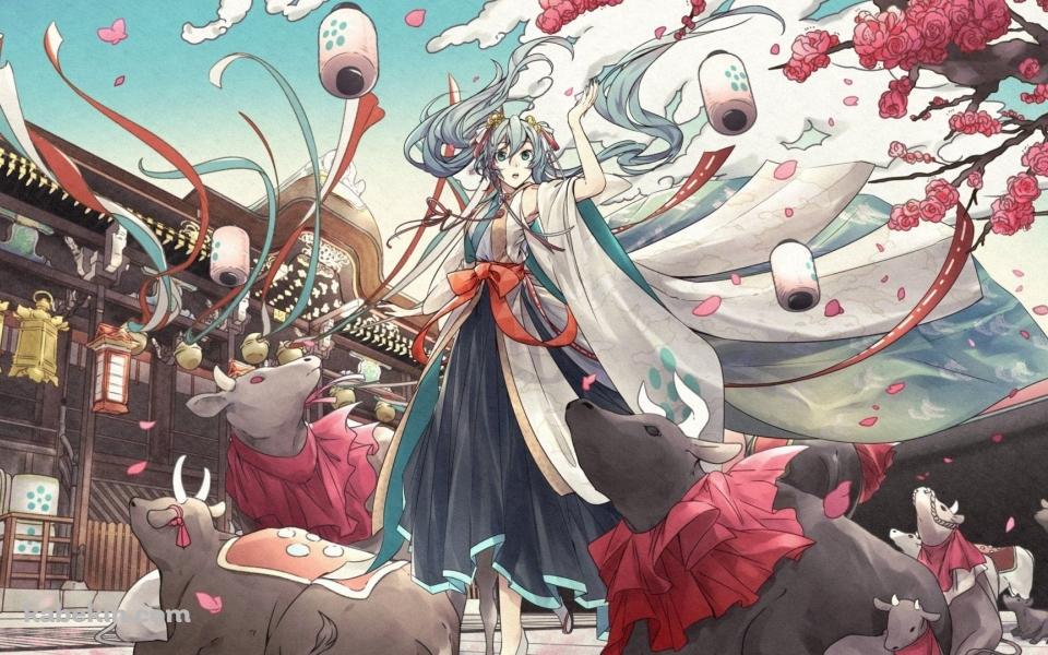 初音ミクと牛 / 新年 / 正月の壁紙(960px x 600px) 高画質 PC・デスクトップ用