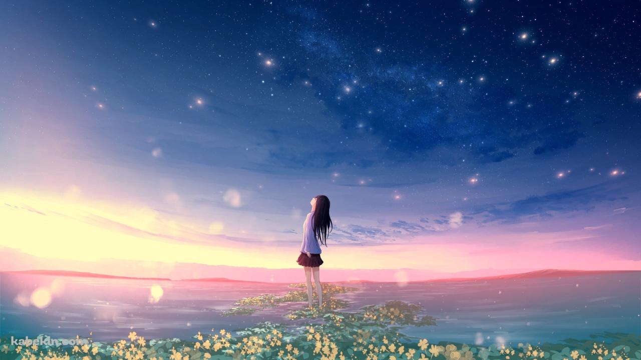 満天の星空を見上げる少女の壁紙(1280px x 720px) 高画質 PC・デスクトップ用