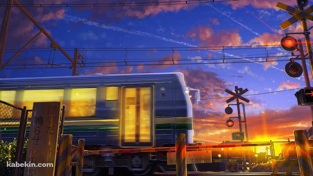 踏切 / 電車の通過待ち / 赤信号 / 夕陽の壁紙(1024px x 576px) 高画質 PC・デスクトップ用