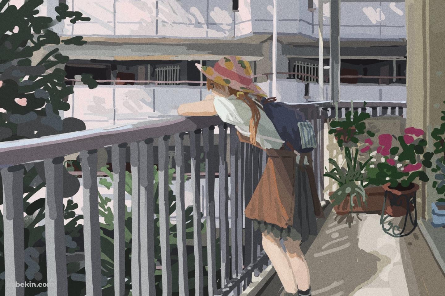 マンションのベランダから景色を眺める少女 / ラフスケッチの壁紙(1440px x 960px) 高画質 PC・デスクトップ用