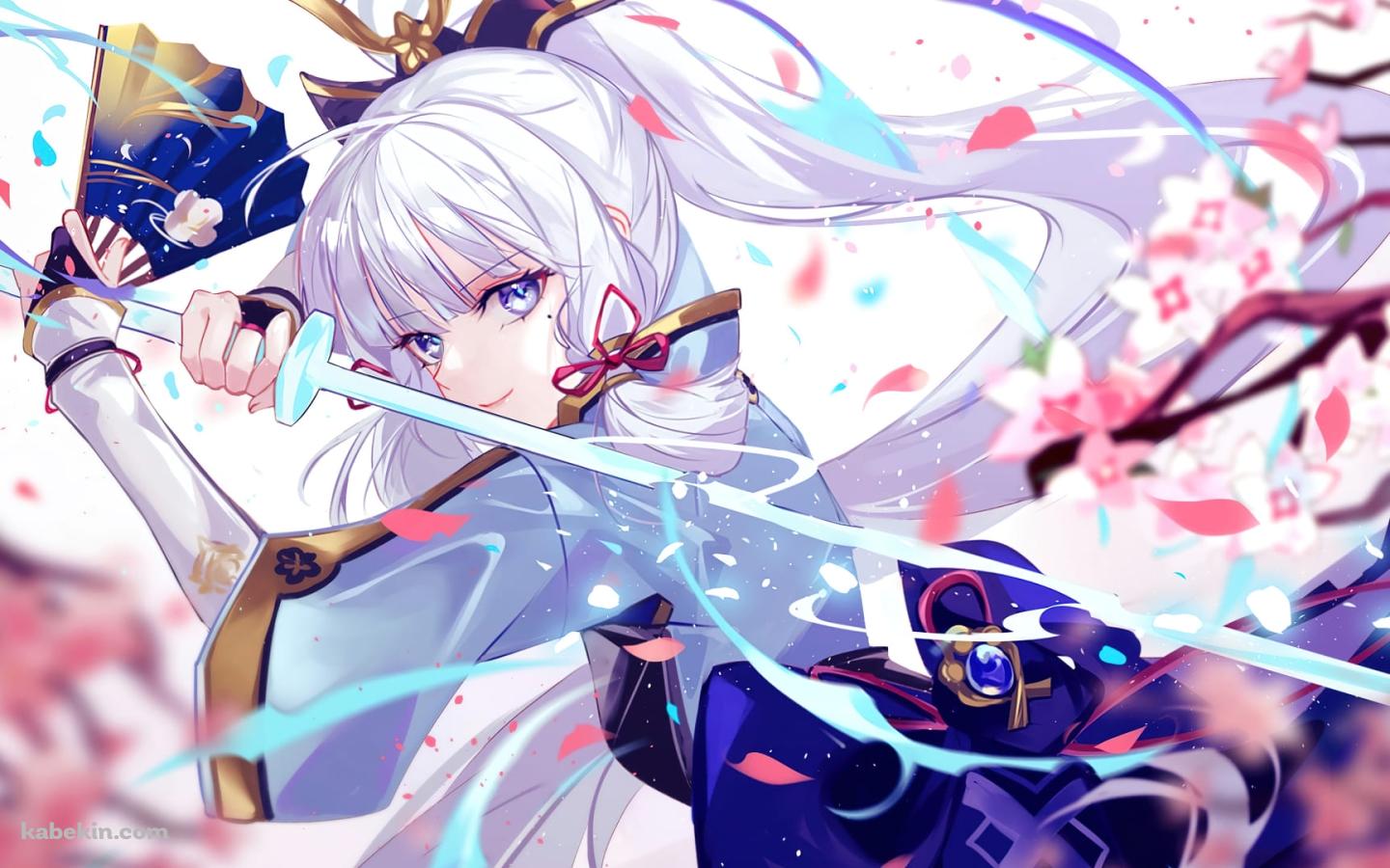 桜舞い散る剣を構えるかっこいい神里綾華 / 原神の壁紙(1440px x 900px) 高画質 PC・デスクトップ用
