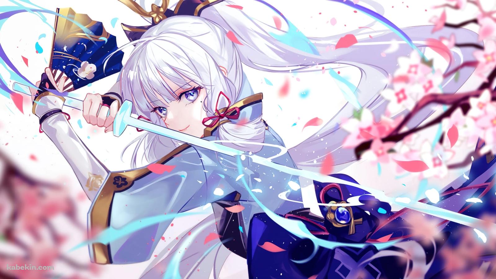 桜舞い散る剣を構えるかっこいい神里綾華 / 原神の壁紙(1600px x 900px) 高画質 PC・デスクトップ用