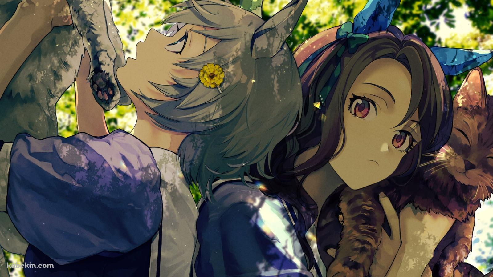 猫と戯れるセイウンスカイ / キングヘイロー / ファンアート / ウマ娘の壁紙(1600px x 900px) 高画質 PC・デスクトップ用