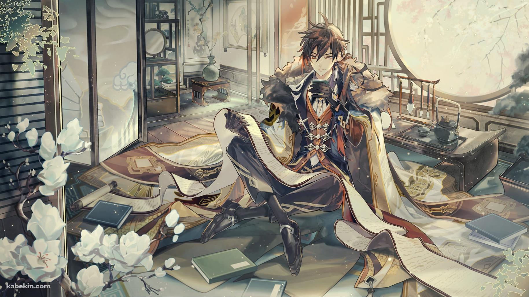 巻物を読む鍾離(しょうり) / 璃月港 / 声優：前野智昭 / 原神の壁紙(1829px x 1029px) 高画質 PC・デスクトップ用