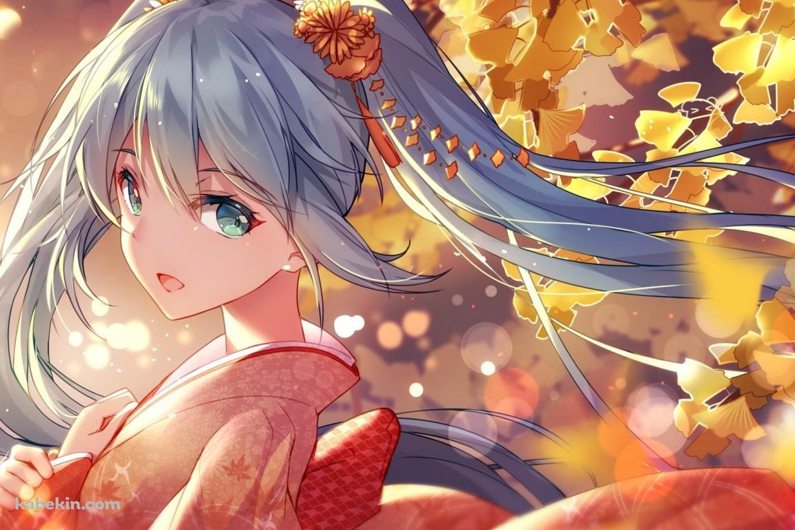 銀杏と赤い着物を着た初音ミク / ボカロ / ボーカロイド / ファンアートの壁紙(1152px x 768px) 高画質 PC・デスクトップ用