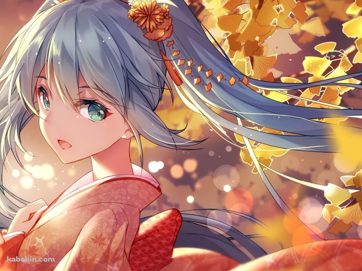 銀杏と赤い着物を着た初音ミク / ボカロ / ボーカロイド / ファンアートの壁紙(1152px x 864px) 高画質 PC・デスクトップ用