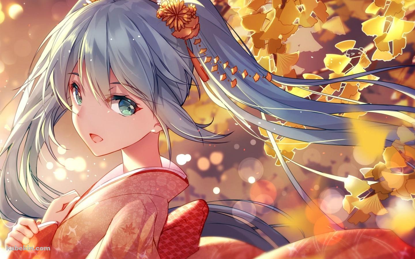 銀杏と赤い着物を着た初音ミク / ボカロ / ボーカロイド / ファンアートの壁紙(1440px x 900px) 高画質 PC・デスクトップ用