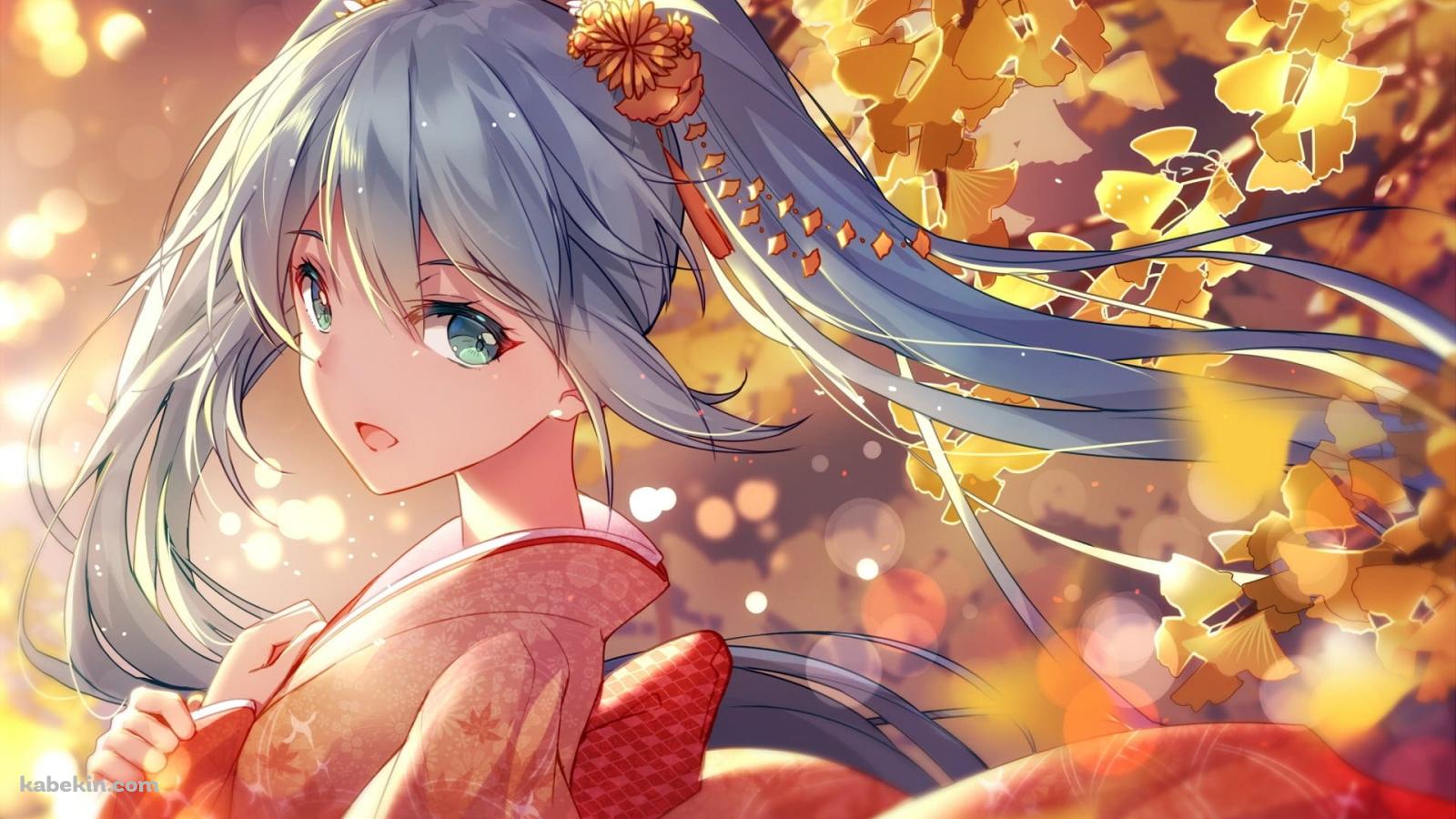 銀杏と赤い着物を着た初音ミク / ボカロ / ボーカロイド / ファンアートの壁紙(1600px x 900px) 高画質 PC・デスクトップ用
