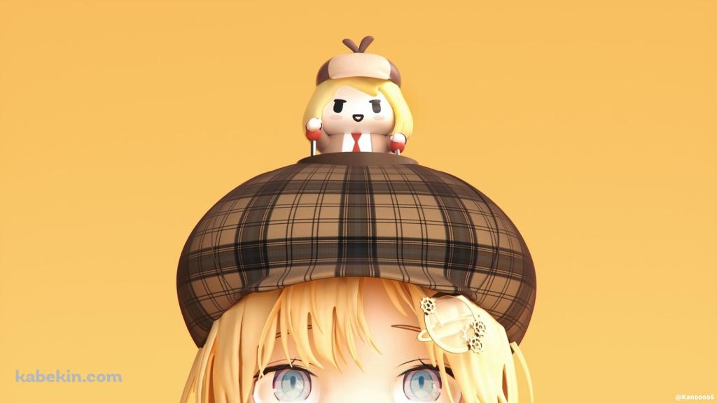 自分の人形を頭に載せるワトソン・アメリア / ホロライブ / バーチャルユーチューバー / ファンアートの壁紙(1024px x 576px) 高画質 PC・デスクトップ用